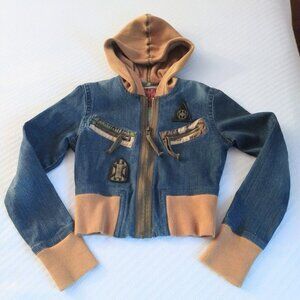 Riley Upcycled Denim Jean Jacket Zip Hoodie Y2K Camo Boho Cropped XS Mixed Media